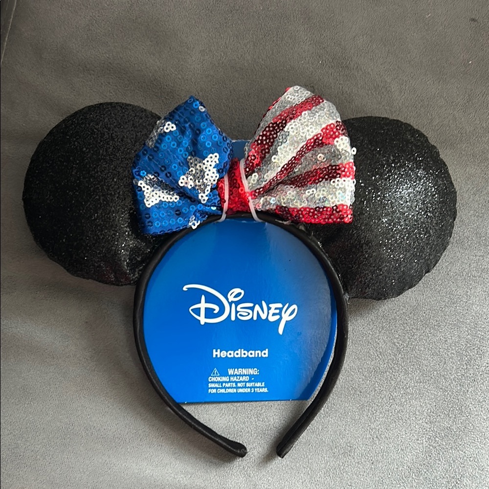 Disney Black Minnie Ears Headband with Red, White & Blue Sequin Bow
